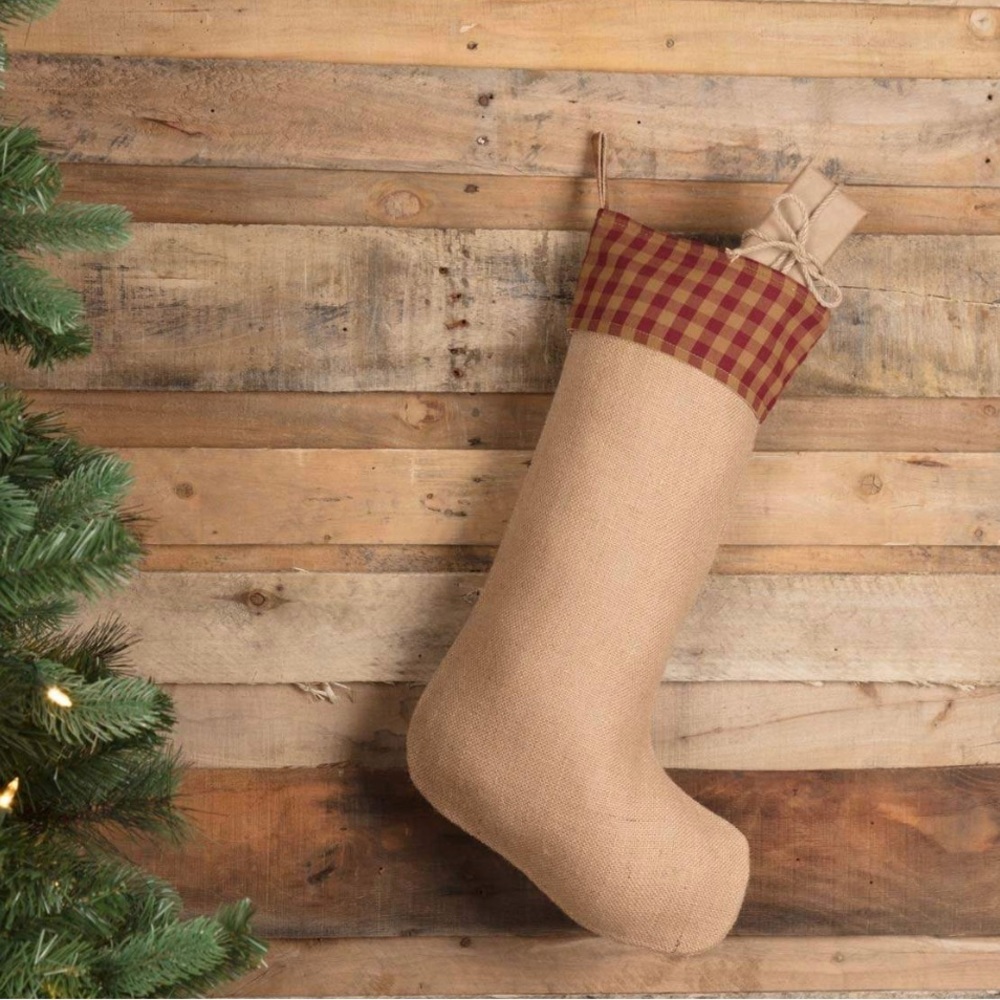 🛍️ Burgundy Check Jute Stocking 12x20”